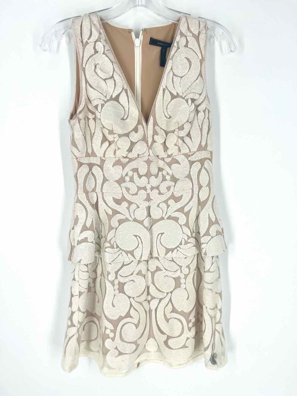 BCBGMaxazria Size 4 Cream/Beige Paisley Sequin Designer Dress
